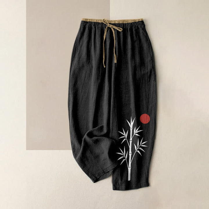 Buddha Stones Pantaloni da donna in cotone con motivo zen e bambù, vita elasticizzata e tasche. - Nero - US16, UK/AU20, EU48 (3XL) - image 0