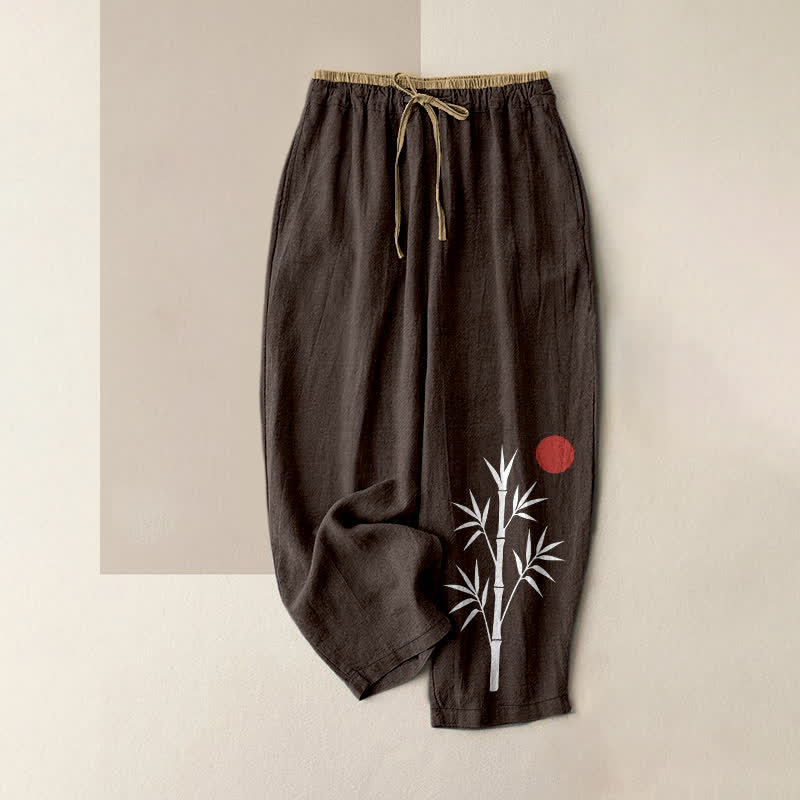 Buddha Stones Pantaloni da donna in cotone con motivo zen e bambù, vita elasticizzata e tasche. - Marrone sella - US16, UK/AU20, EU48 (3XL) - image 4