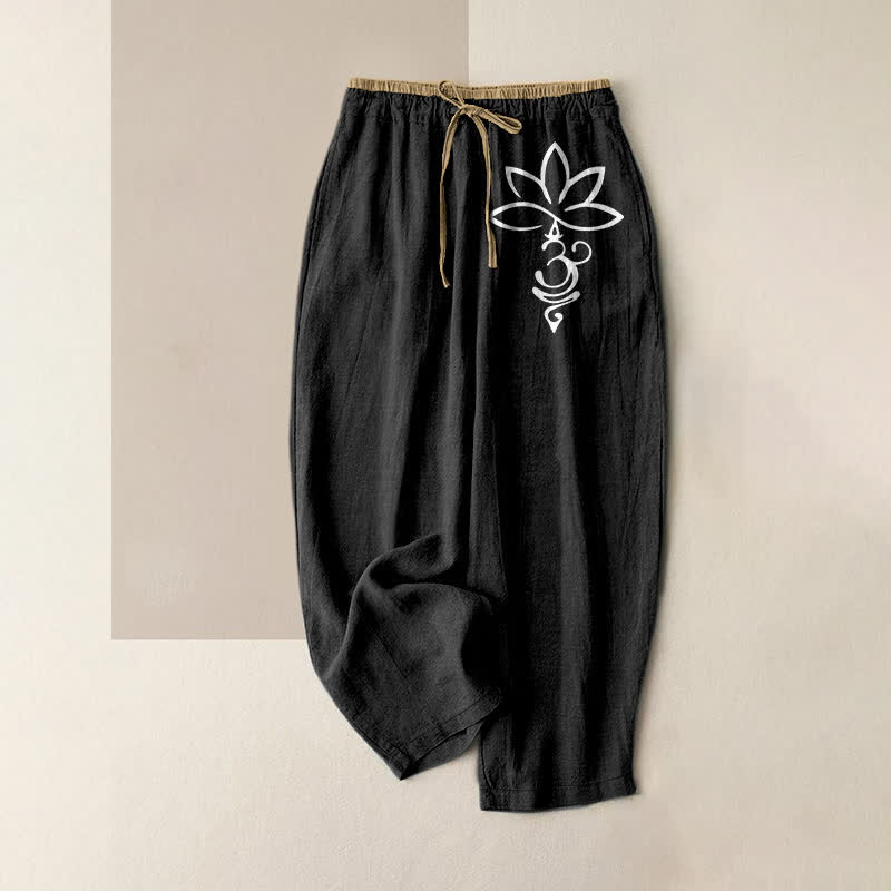 Buddha Stones Pantaloni da donna in puro cotone con elastico in vita e tasche, fantasia Lotus Om. - Nero - US16, UK/AU20, EU48 (3XL) - image 0