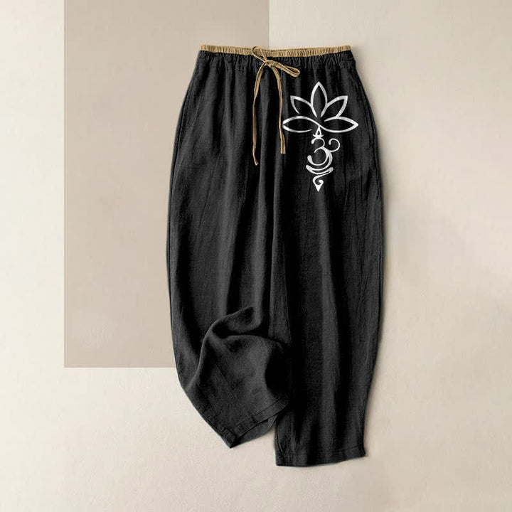 Buddha Stones Pantaloni da donna in puro cotone con elastico in vita e tasche, fantasia Lotus Om. - Nero - US16, UK/AU20, EU48 (3XL) - image 0