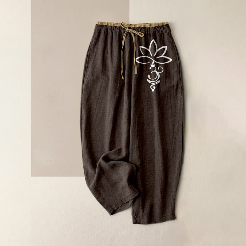 Buddha Stones Pantaloni da donna in puro cotone con elastico in vita e tasche, fantasia Lotus Om. - Marrone sella - US16, UK/AU20, EU48 (3XL) - image 8
