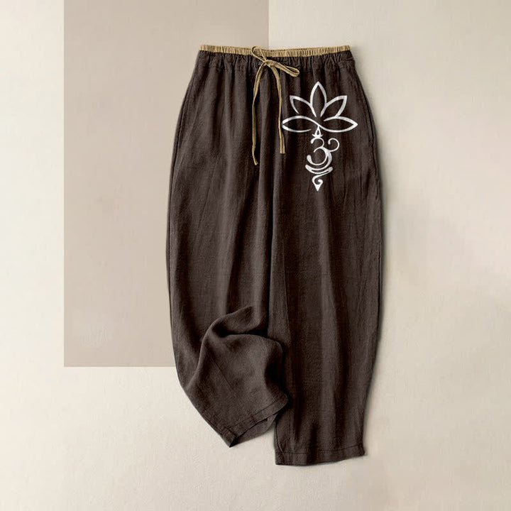 Buddha Stones Pantaloni da donna in puro cotone con elastico in vita e tasche, fantasia Lotus Om. - Marrone sella - US16, UK/AU20, EU48 (3XL) - image 8
