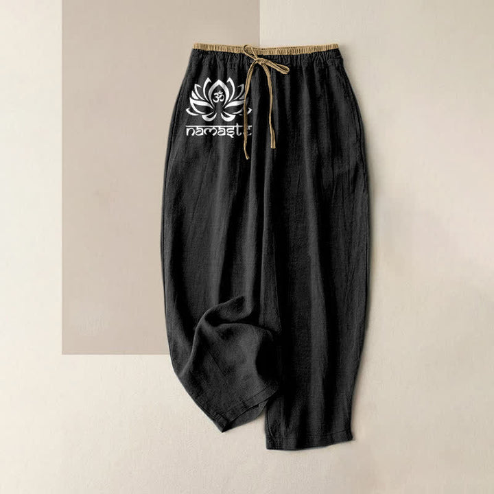 Buddha Stones Pantaloni da donna in puro cotone con elastico in vita e tasche, con motivo Namaste Lotus. - Nero - US16, UK/AU20, EU48 (3XL) - image 0