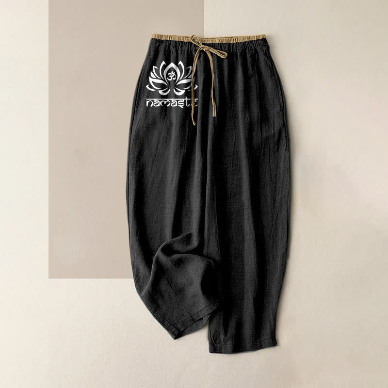 Buddha Stones Pantaloni da donna in puro cotone con elastico in vita e tasche, con motivo Namaste Lotus. - Nero - US16, UK/AU20, EU48 (3XL) - image 0