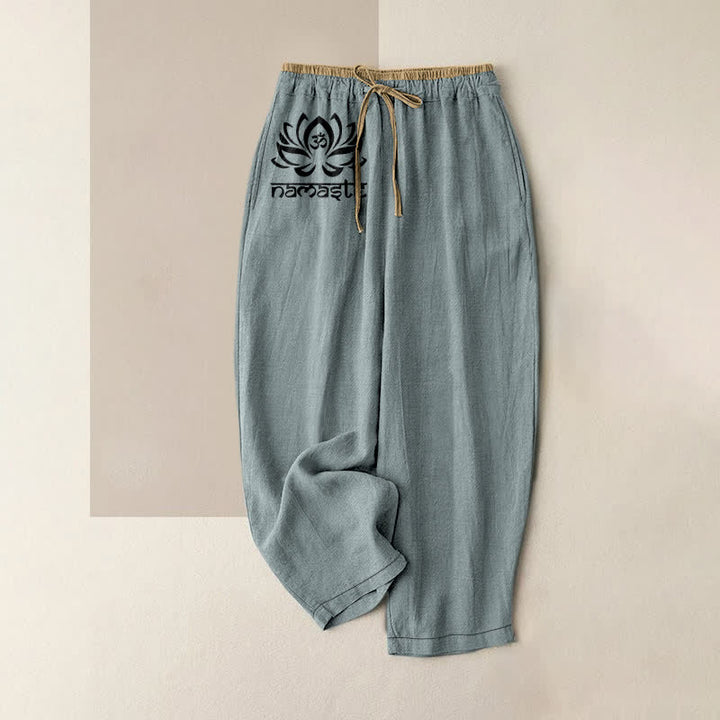 Buddha Stones Pantaloni da donna in puro cotone con elastico in vita e tasche, con motivo Namaste Lotus. - Cadetto Blu - US16, UK/AU20, EU48 (3XL) - image 8