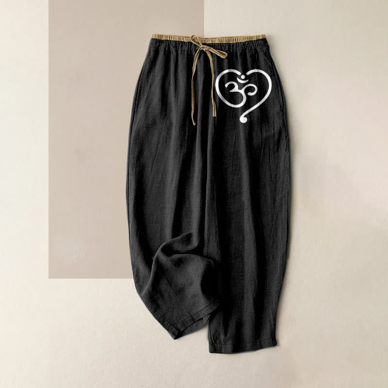 Buddha Stones Pantaloni da donna in puro cotone con elastico in vita e tasche, con motivo a cuore Zen Om. - Nero - US16, UK/AU20, EU48 (3XL) - image 0