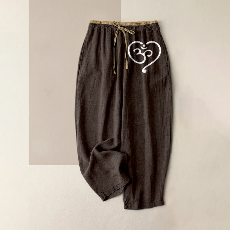 Buddha Stones Pantaloni da donna in puro cotone con elastico in vita e tasche, con motivo a cuore Zen Om. - Marrone sella - US16, UK/AU20, EU48 (3XL) - image 4