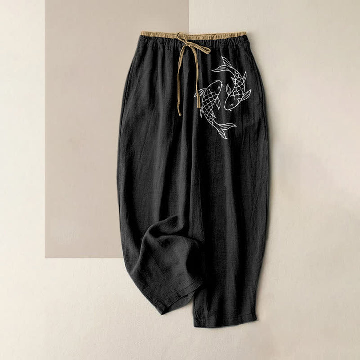 Buddha Stones Pantaloni da donna in puro cotone con elastico in vita e tasche, fantasia Zen con pesci koi. - Nero - US16, UK/AU20, EU48 (3XL) - image 4