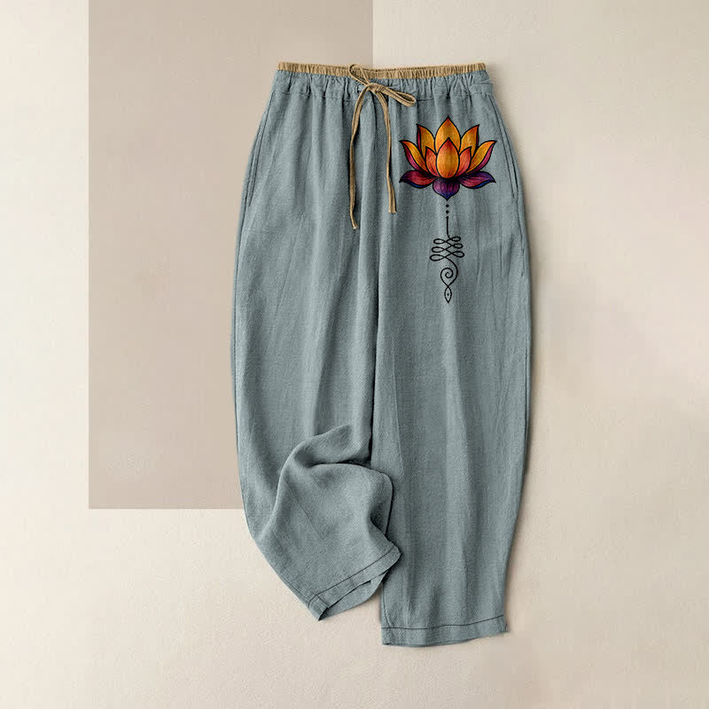 Buddha Stones Pantaloni da donna in puro cotone con motivo a loto arancione, elastico in vita e tasche. - Cadetto Blu - US16, UK/AU20, EU48 (3XL) - image 8