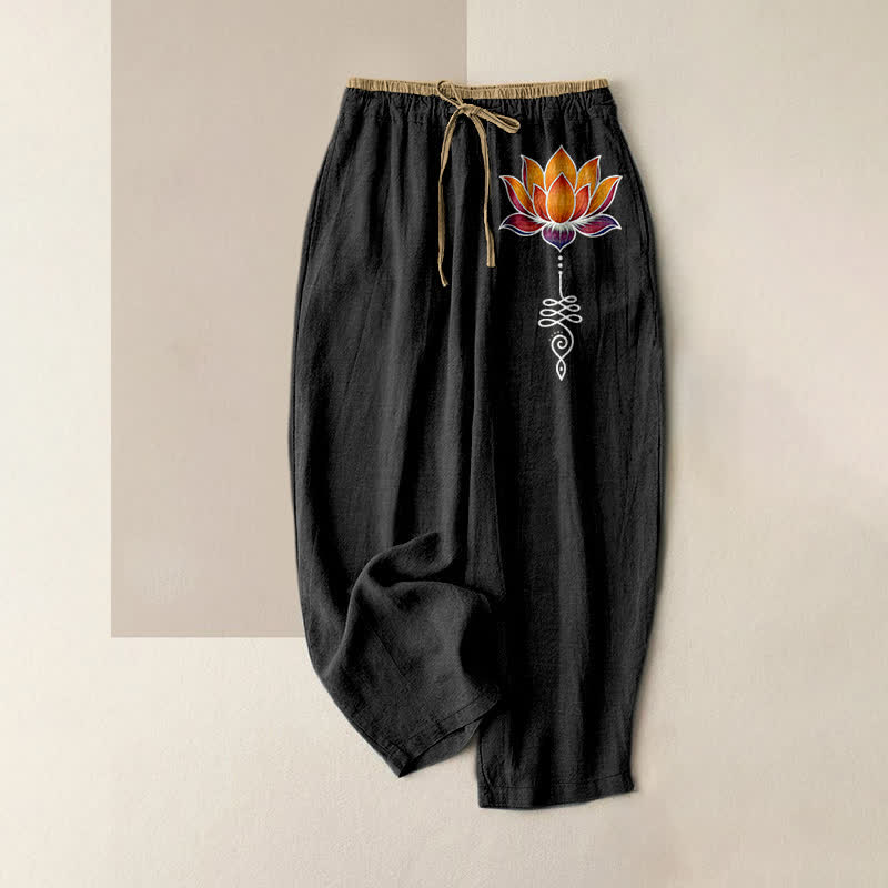 Buddha Stones Pantaloni da donna in puro cotone con motivo a loto arancione, elastico in vita e tasche. - Nero - US16, UK/AU20, EU48 (3XL) - image 0