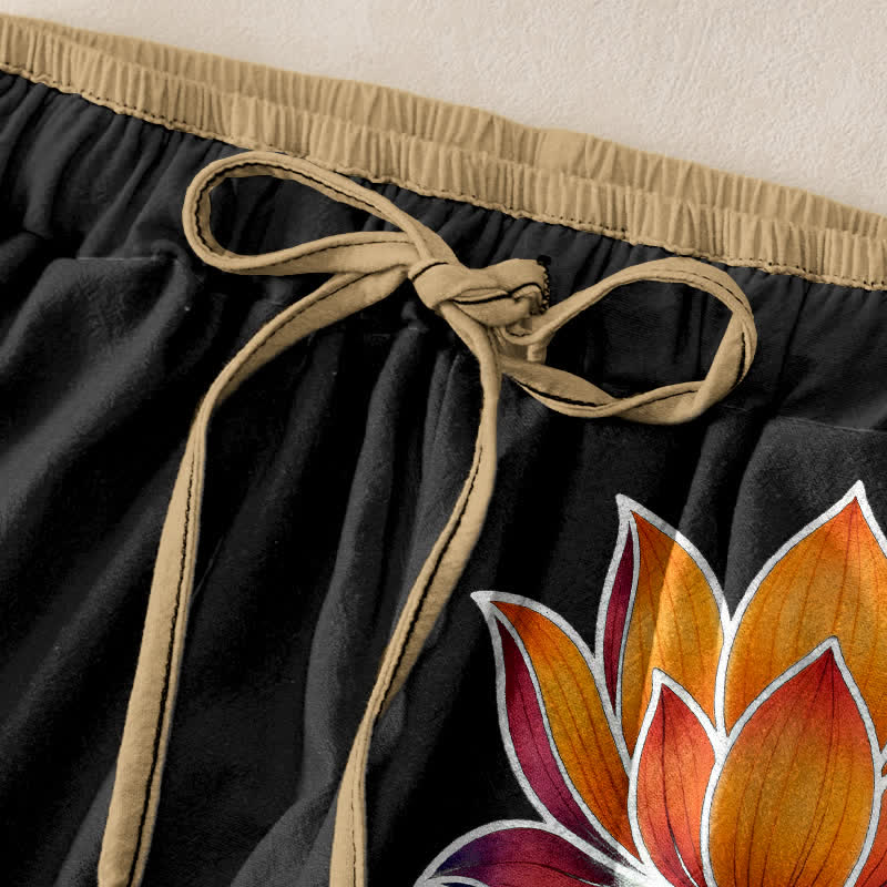 Buddha Stones Pantaloni da donna in puro cotone con motivo a loto arancione, elastico in vita e tasche. - image 1