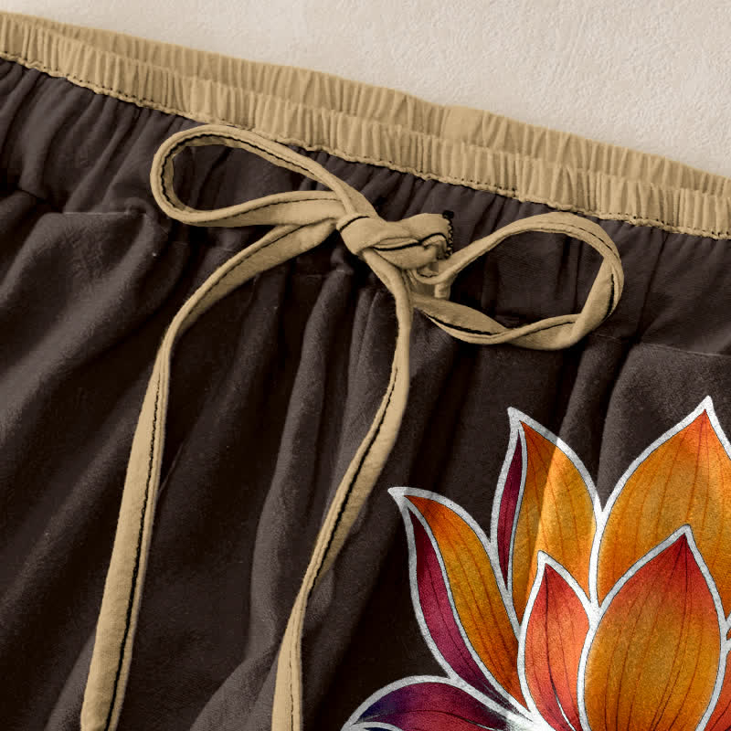 Buddha Stones Pantaloni da donna in puro cotone con motivo a loto arancione, elastico in vita e tasche. - image 5