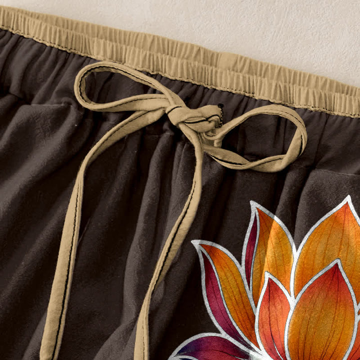 Buddha Stones Pantaloni da donna in puro cotone con motivo a loto arancione, elastico in vita e tasche. - image 5