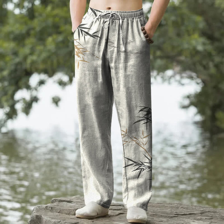 Buddha Stones Pantaloni da uomo affusolati con tasche, stampa a bambù, in cotone. - Biancheria - US/UK/AU50, EU60 (5XL) - image 0