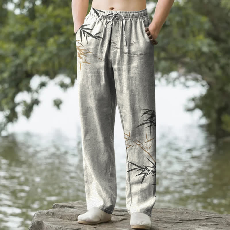 Buddha Stones Pantaloni da uomo affusolati con tasche, stampa a bambù, in cotone. - Biancheria - US/UK/AU50, EU60 (5XL) - image 0