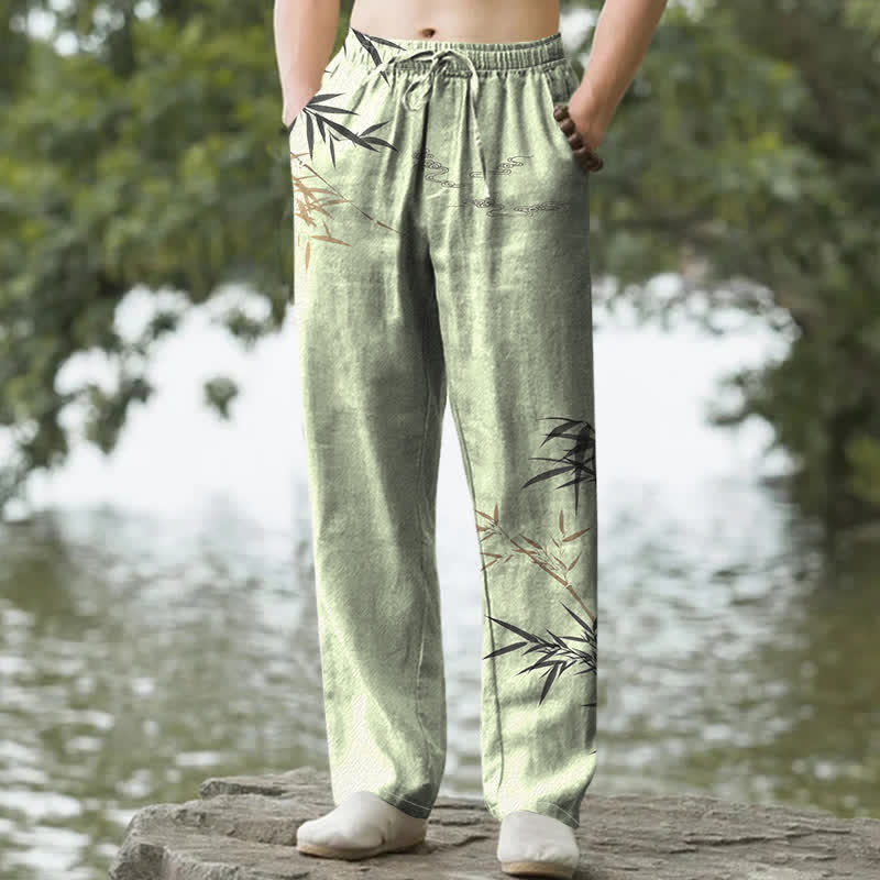 Buddha Stones Pantaloni da uomo affusolati con tasche, stampa a bambù, in cotone. - Verde chiaro - US/UK/AU50, EU60 (5XL) - image 4