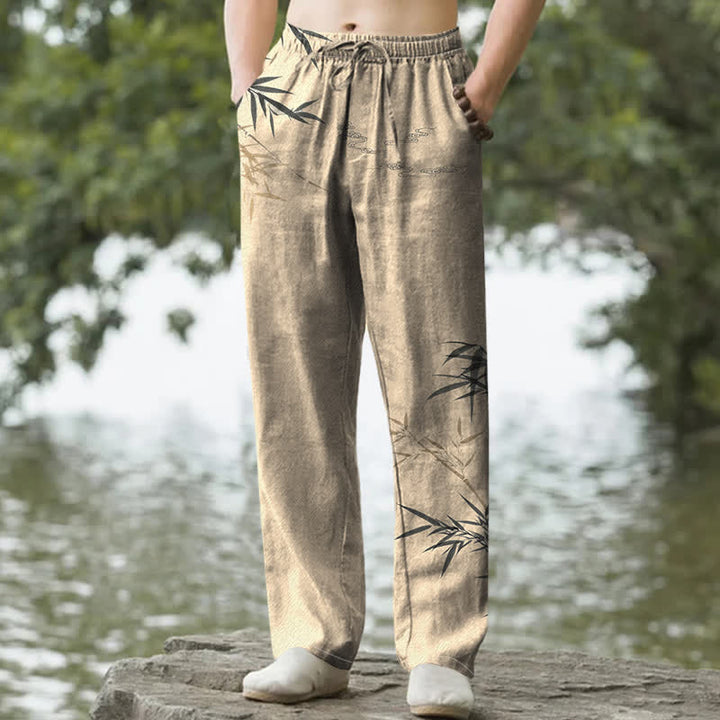 Buddha Stones Pantaloni da uomo affusolati con tasche, stampa a bambù, in cotone. - Tan - US/UK/AU50, EU60 (5XL) - image 6