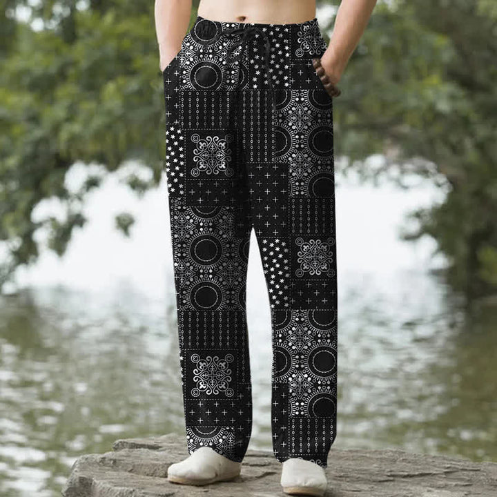 Buddha Stones Pantaloni da uomo affusolati in cotone con motivo bandana bohémien e tasche. - Nero - US/UK/AU50, EU60 (5XL) - image 6