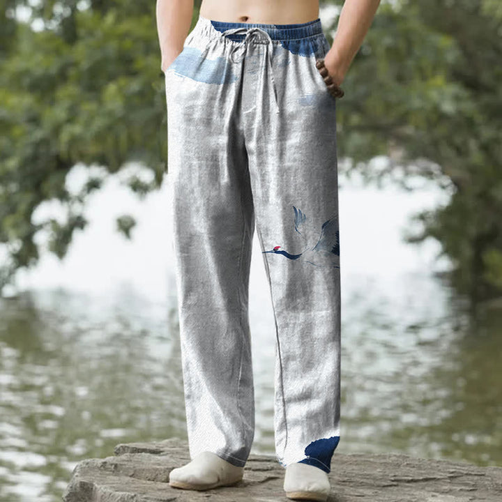 Buddha Stones Pantaloni da uomo affusolati in cotone con motivo gru dalla corona rossa e tasche - Azzurro chiaro - US/UK/AU50, EU60 (5XL) - image 0