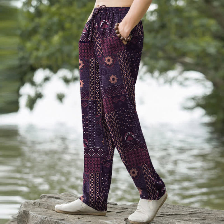 Buddha Stones Pantaloni da uomo affusolati in cotone con motivo floreale e geometrico in stile bohémien e tasche. - image 7