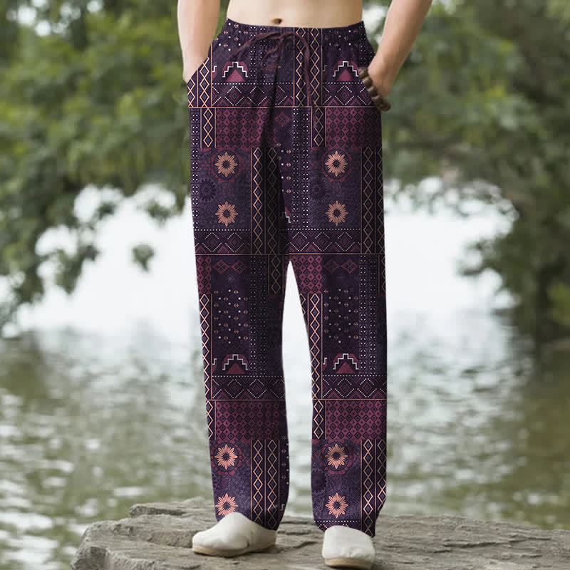 Buddha Stones Pantaloni da uomo affusolati in cotone con motivo floreale e geometrico in stile bohémien e tasche. - Magenta scuro - US/UK/AU50, EU60 (5XL) - image 6