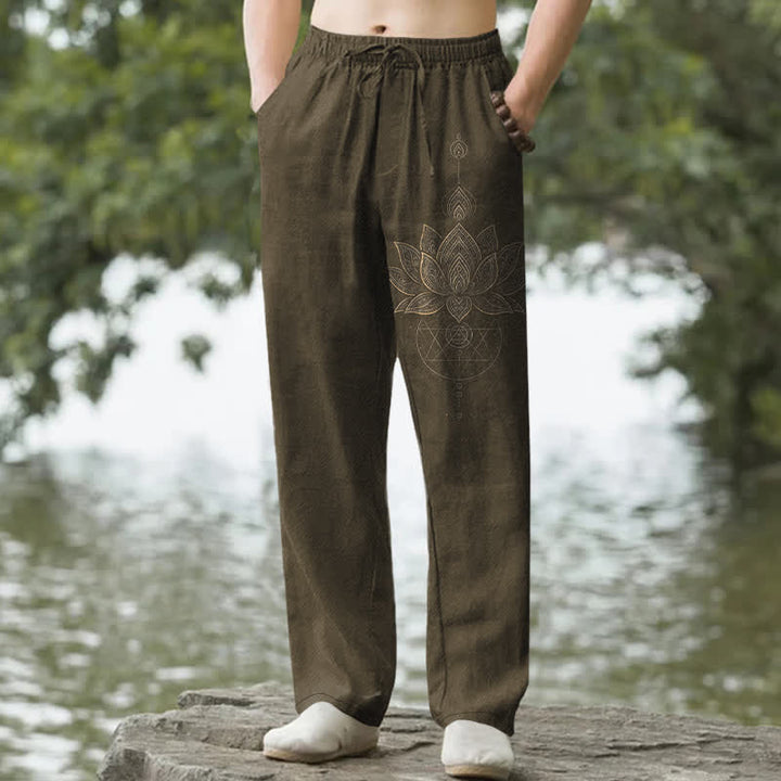 Buddha Stones Pantaloni da uomo affusolati in cotone con motivo mandala a loto e tasche. - Oliva - US/UK/AU50, EU60 (5XL) - image 6