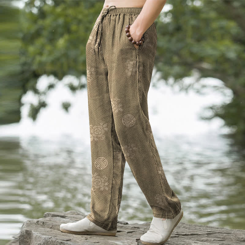 Buddha Stones Pantaloni da uomo affusolati in cotone con motivo geometrico tribale e tasche. - image 1