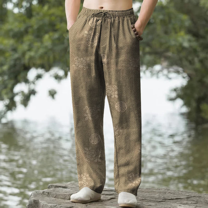 Buddha Stones Pantaloni da uomo affusolati in cotone con motivo geometrico tribale e tasche. - Cachi scuro - US/UK/AU50, EU60 (5XL) - image 0