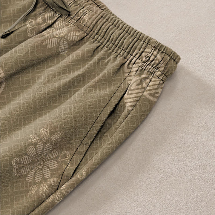 Buddha Stones Pantaloni da uomo affusolati in cotone con motivo geometrico tribale e tasche. - image 2