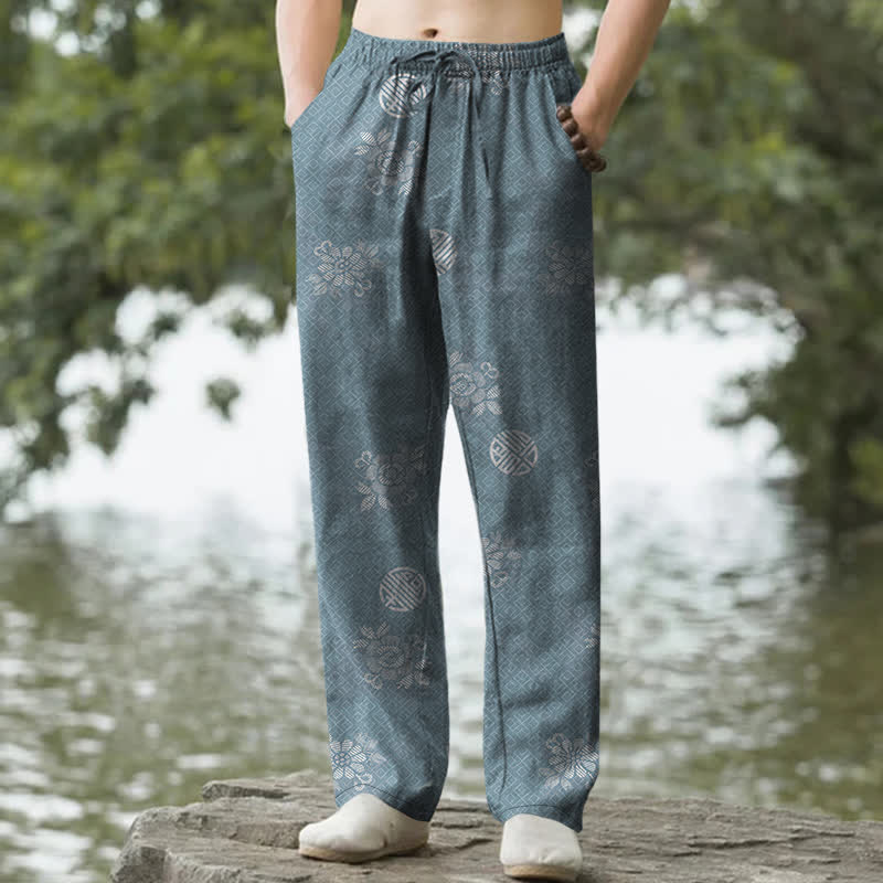 Buddha Stones Pantaloni da uomo affusolati in cotone con motivo geometrico tribale e tasche. - Cadetto Blu - US/UK/AU50, EU60 (5XL) - image 4
