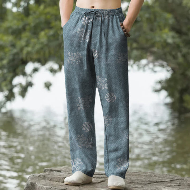 Buddha Stones Pantaloni da uomo affusolati in cotone con motivo geometrico tribale e tasche. - Cadetto Blu - US/UK/AU50, EU60 (5XL) - image 4