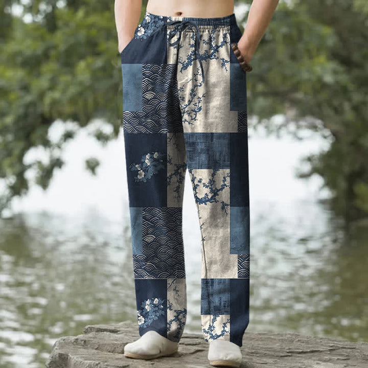 Buddha Stones Pantaloni affusolati da uomo in cotone con motivo floreale a onde e patchwork, con tasche. - Marina - US/UK/AU50, EU60 (5XL) - image 0