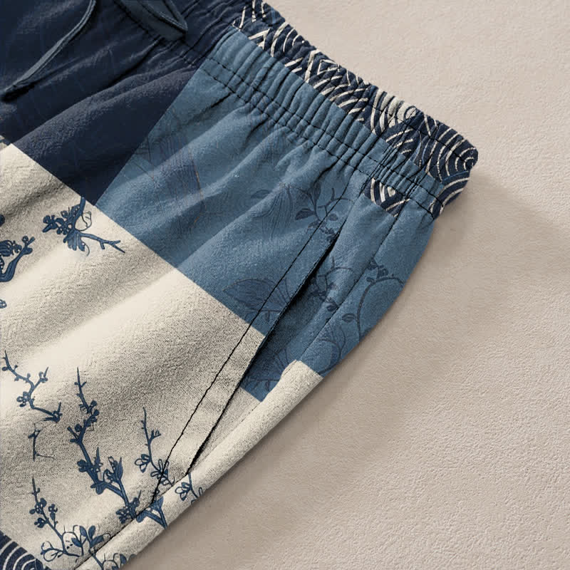 Buddha Stones Pantaloni affusolati da uomo in cotone con motivo floreale a onde e patchwork, con tasche. - image 2