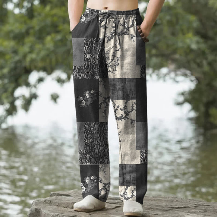Buddha Stones Pantaloni affusolati da uomo in cotone con motivo floreale a onde e patchwork, con tasche. - Nero - US/UK/AU50, EU60 (5XL) - image 4