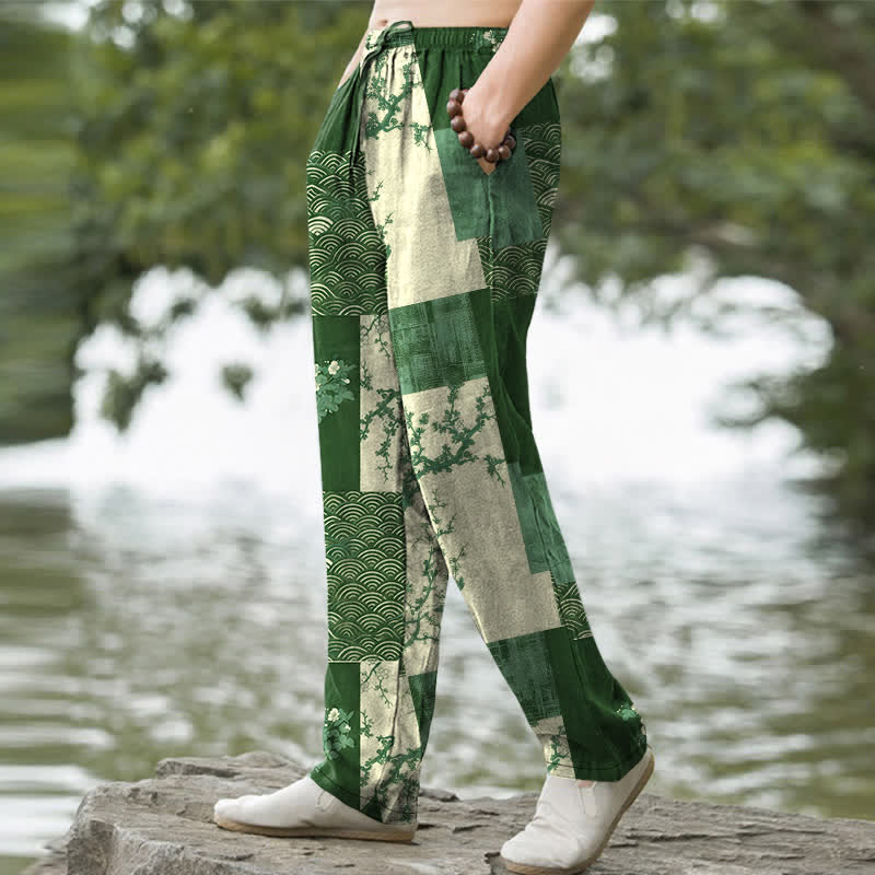 Buddha Stones Pantaloni affusolati da uomo in cotone con motivo floreale a onde e patchwork, con tasche. - image 7
