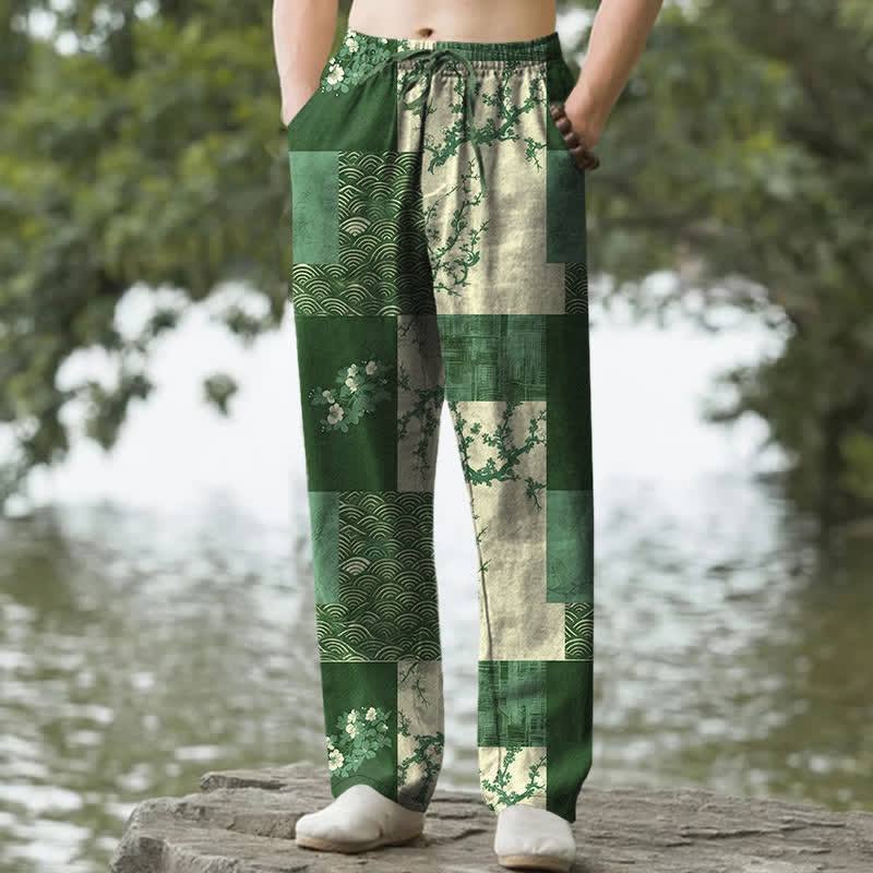 Buddha Stones Pantaloni affusolati da uomo in cotone con motivo floreale a onde e patchwork, con tasche. - Verde studentesco - US/UK/AU50, EU60 (5XL) - image 6