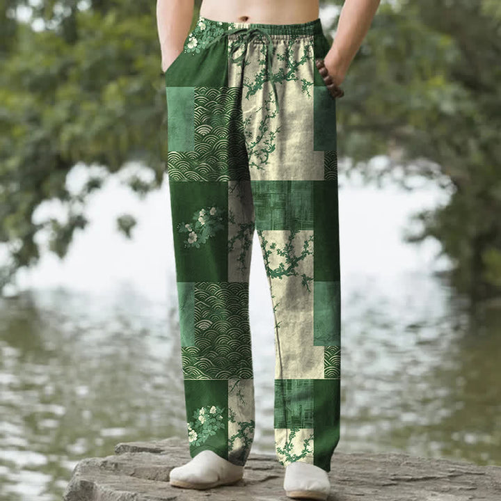 Buddha Stones Pantaloni affusolati da uomo in cotone con motivo floreale a onde e patchwork, con tasche. - Verde studentesco - US/UK/AU50, EU60 (5XL) - image 6