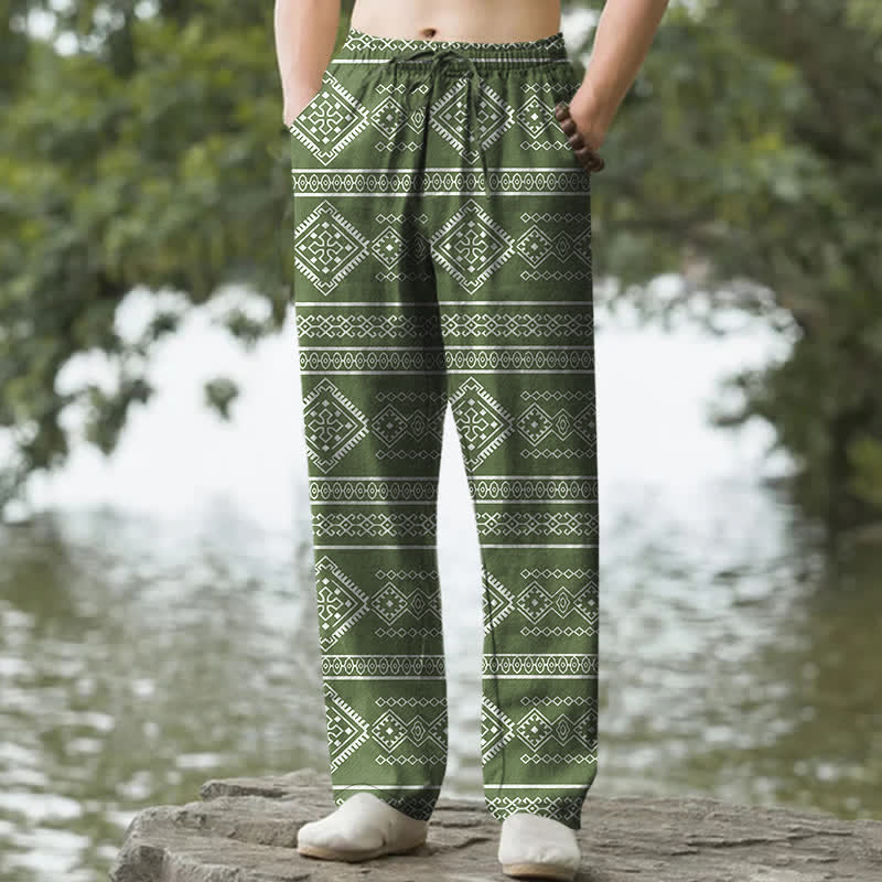 Buddha Stones Pantaloni da uomo affusolati in cotone con motivo a righe geometriche tribali e tasche. - Verde oliva - US/UK/AU50, EU60 (5XL) - image 6