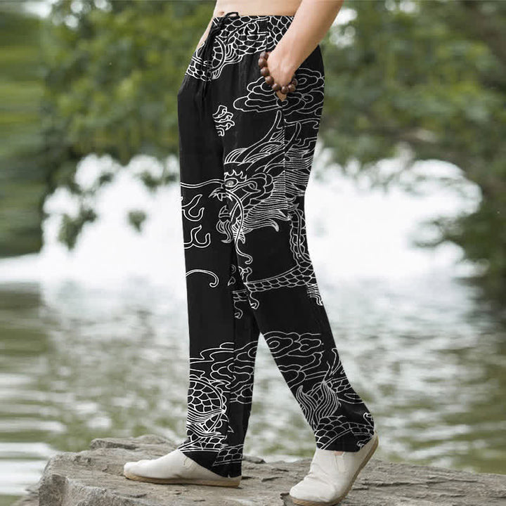 Buddha Stones Pantaloni da uomo affusolati in cotone con motivo drago orientale e nuvole, con tasche. - image 1
