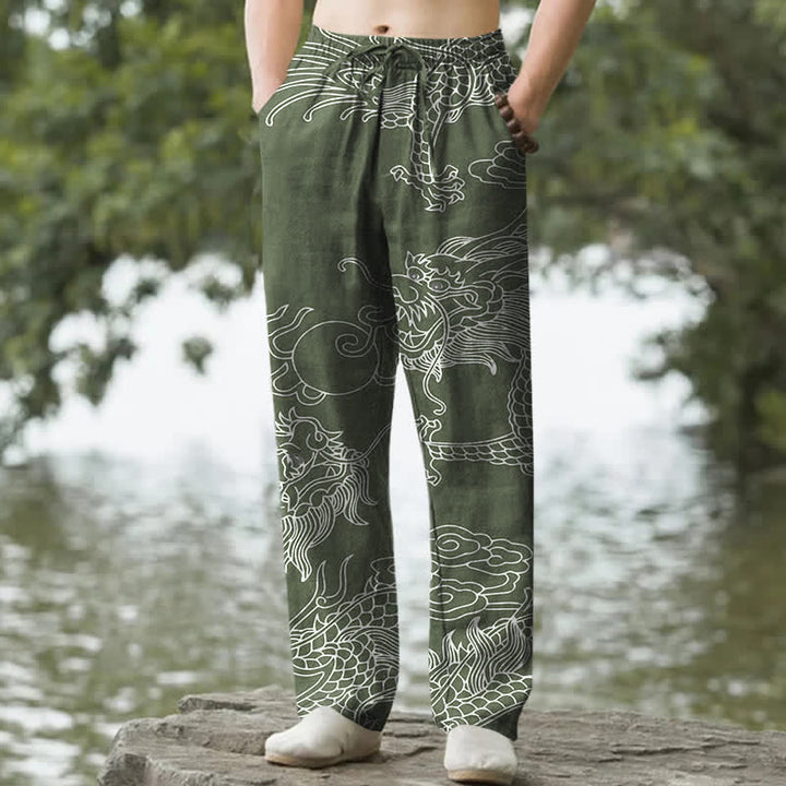 Buddha Stones Pantaloni da uomo affusolati in cotone con motivo drago orientale e nuvole, con tasche. - Verde Mare Scuro - US/UK/AU50, EU60 (5XL) - image 4