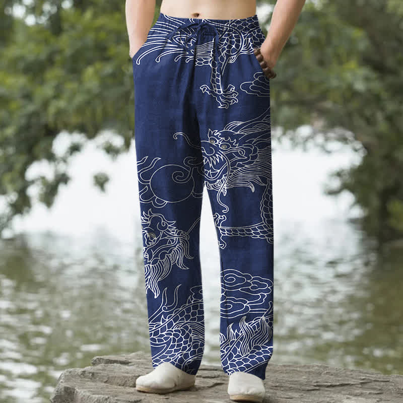 Buddha Stones Pantaloni da uomo affusolati in cotone con motivo drago orientale e nuvole, con tasche. - Marina - US/UK/AU50, EU60 (5XL) - image 6