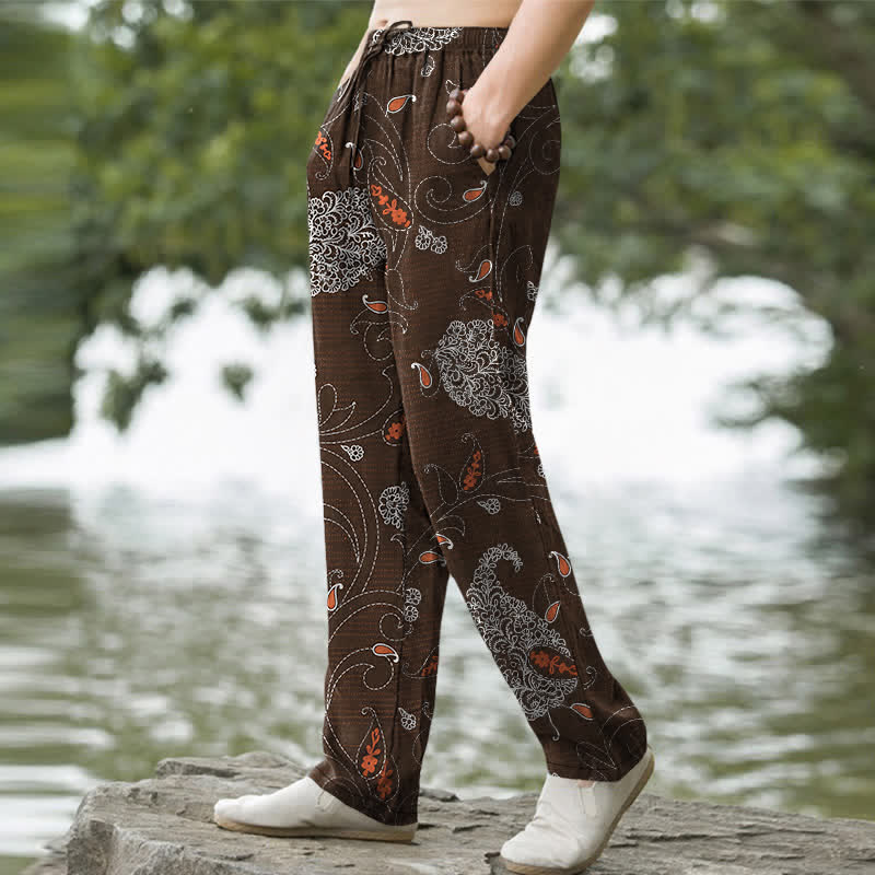 Buddha Stones Pantaloni da uomo affusolati in cotone con motivo floreale e viticci, stile bohémien, con tasche. - image 1
