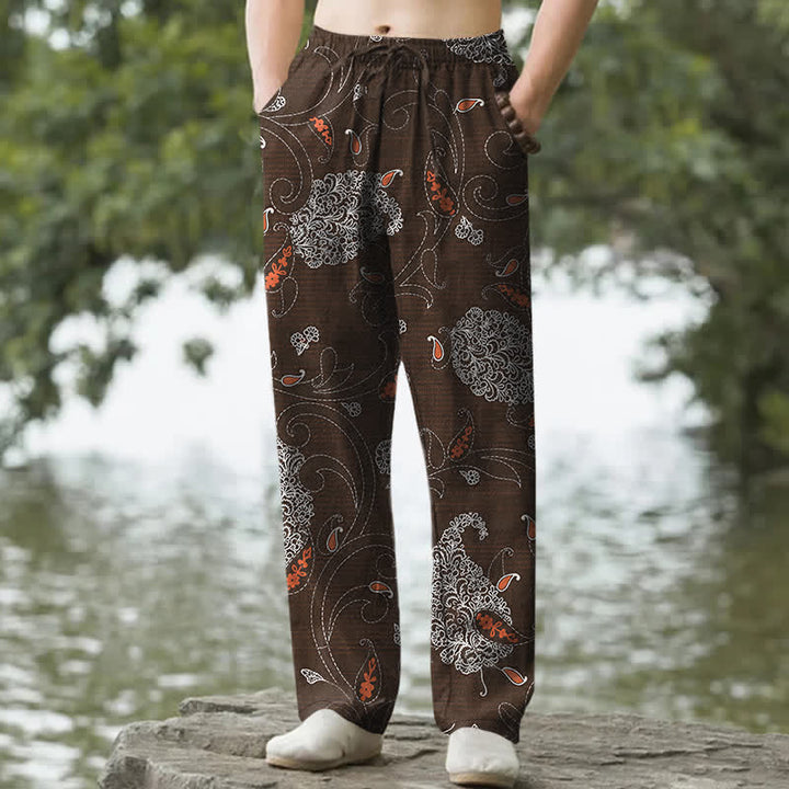 Buddha Stones Pantaloni da uomo affusolati in cotone con motivo floreale e viticci, stile bohémien, con tasche. - Marrone sella - US/UK/AU50, EU60 (5XL) - image 0