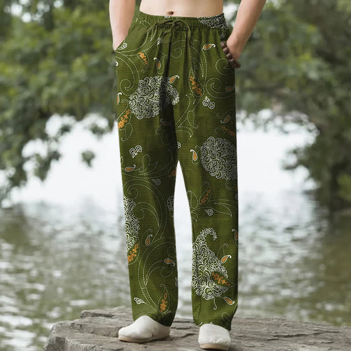 Buddha Stones Pantaloni da uomo affusolati in cotone con motivo floreale e viticci, stile bohémien, con tasche. - Verde oliva scuro - US/UK/AU50, EU60 (5XL) - image 4