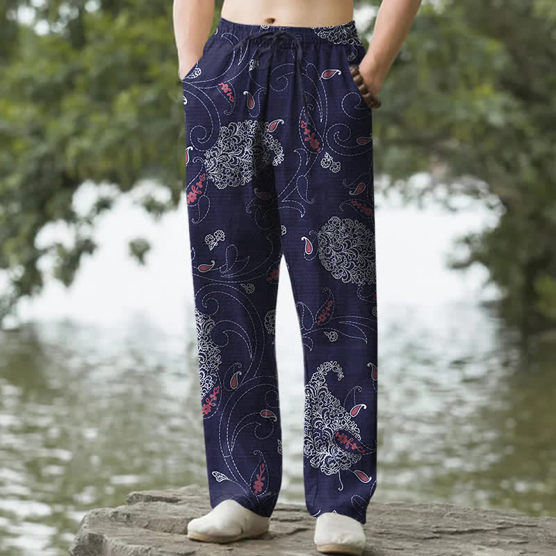 Buddha Stones Pantaloni da uomo affusolati in cotone con motivo floreale e viticci, stile bohémien, con tasche. - Marina - US/UK/AU50, EU60 (5XL) - image 6