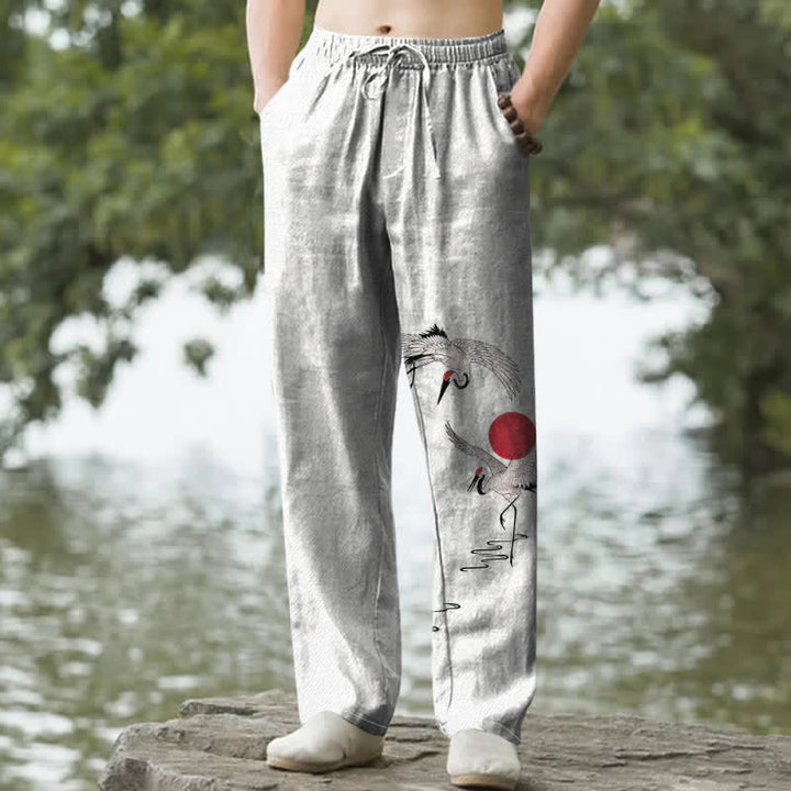 Buddha Stones Pantaloni da uomo affusolati in cotone con motivo a gru e sole rossi e tasche. - Biancheria - US/UK/AU50, EU60 (5XL) - image 0