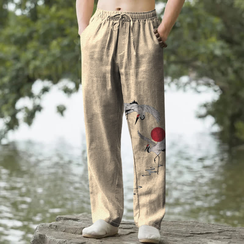 Buddha Stones Pantaloni da uomo affusolati in cotone con motivo a gru e sole rossi e tasche. - Grano - US/UK/AU50, EU60 (5XL) - image 4