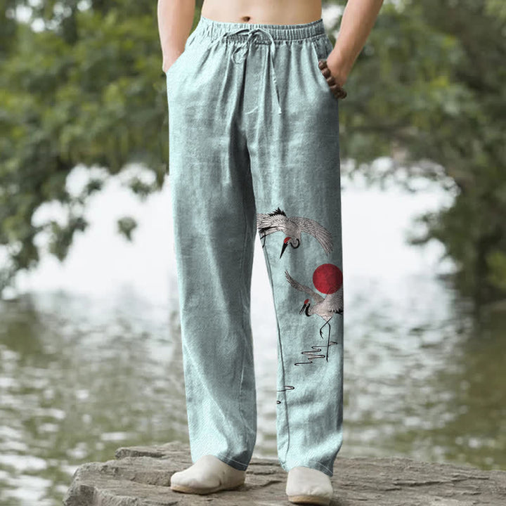 Buddha Stones Pantaloni da uomo affusolati in cotone con motivo a gru e sole rossi e tasche. - Turchese pallido - US/UK/AU50, EU60 (5XL) - image 6