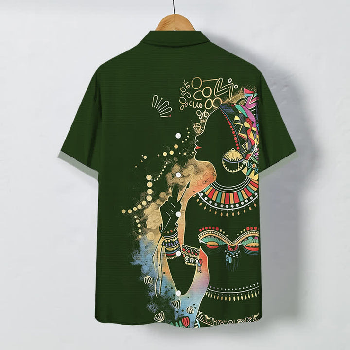 Buddha Stones Camicia da uomo a maniche corte traspirante con bottoni e motivo a silhouette di donna tribale. - image 1