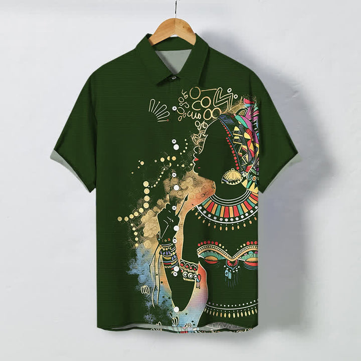 Buddha Stones Camicia da uomo a maniche corte traspirante con bottoni e motivo a silhouette di donna tribale. - Verde scuro - US/UK/AU48, EU58 (4XL) - image 0